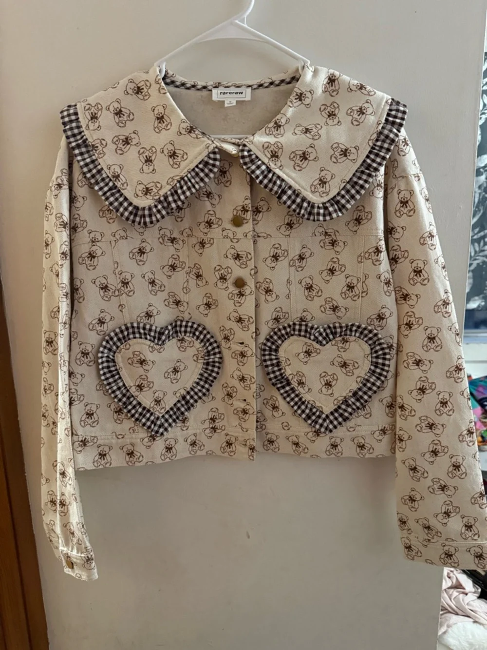 Rare raw Cream Teddy-Print Heart Pocket Jean Jacket - Picture 2 of 7